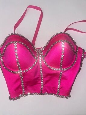 Hot Pink Embellished Rhinestone Bustier Crop Top